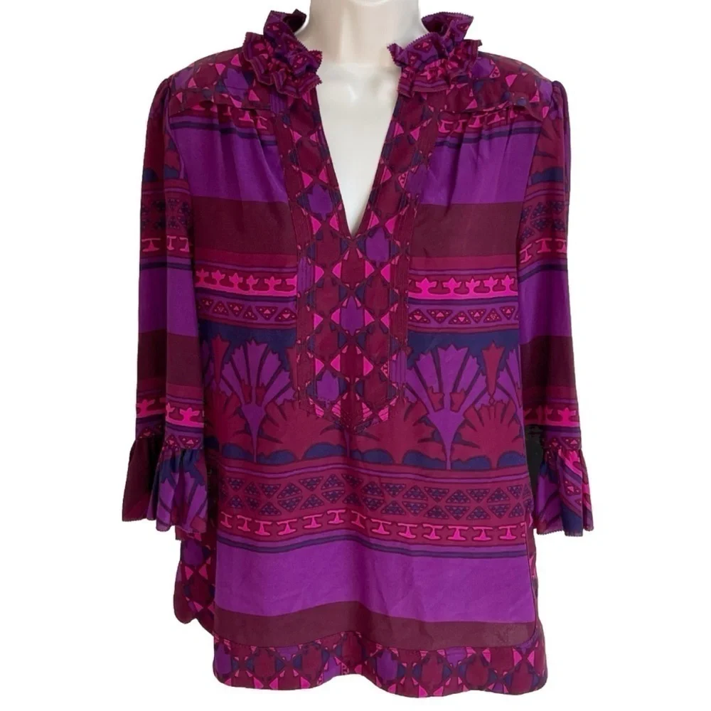 Tory Burch Silk Geometric Print Ruffle High V Neck 3/4 Tunic Blouse Top Sz 4